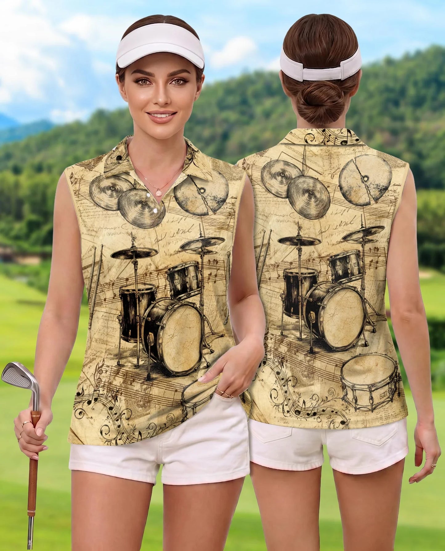 Drum Pattern Sleeveless Polo Shirt for Women | Azhawaiian