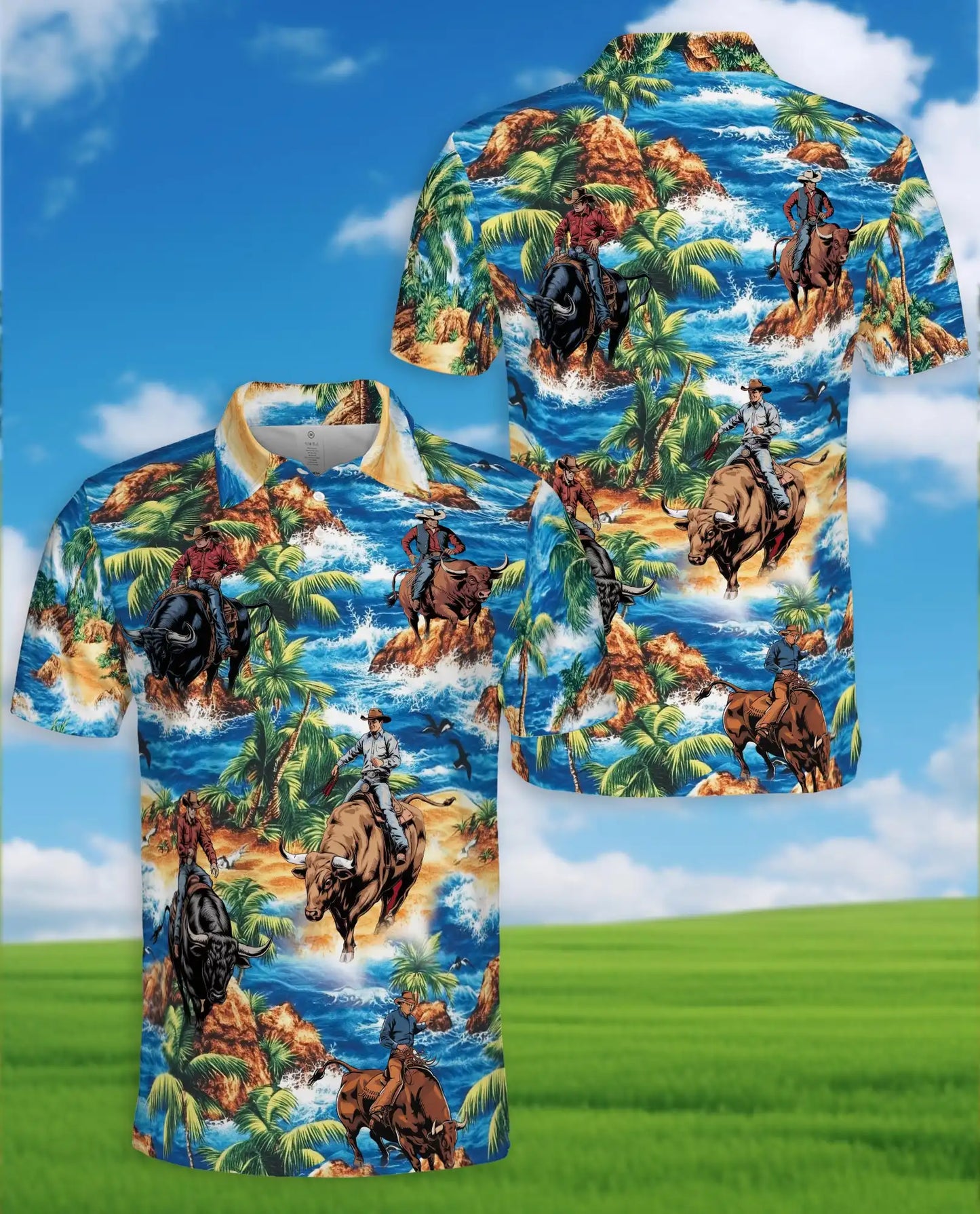 Tropical Rodeo Polo Shirt for Men - Cowboy Bull Riding | Azhawaiian