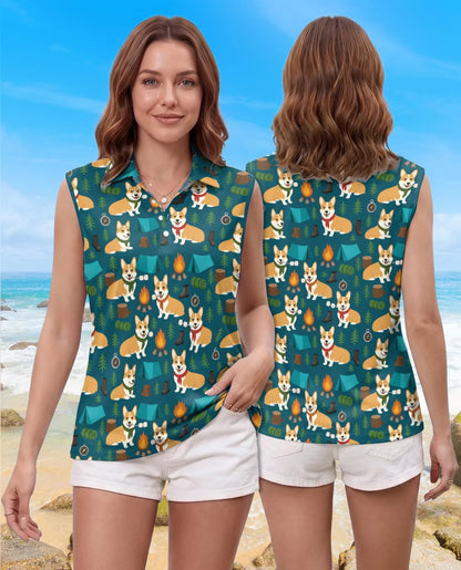Corgi Camping Sleeveless Polo Shirt for Women, Cute Outdoor Dog Style | Azhawaiian