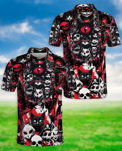 Gothic Cat Skull Polo Shirt for Men, Dark Horror Design | Azhawaiian