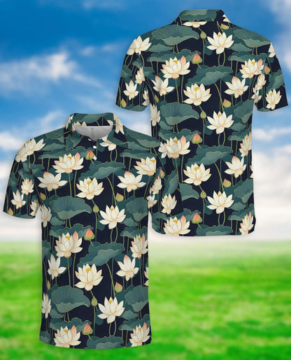 Lotus Flower Polo Shirt, Elegant Botanical Print | Azhawaiian