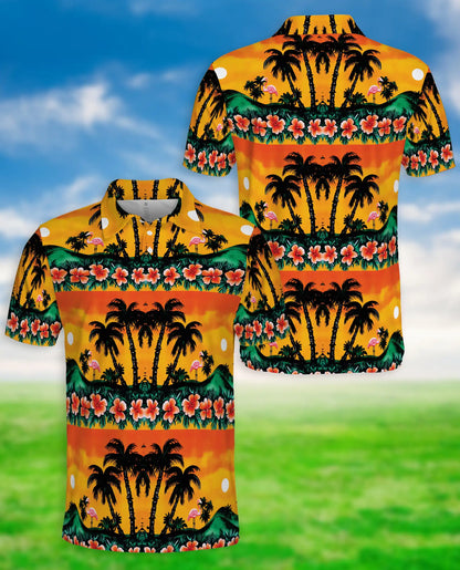 Tropical Sunset Polo Shirt, Palm Tree Flamingo Print | Azhawaiian