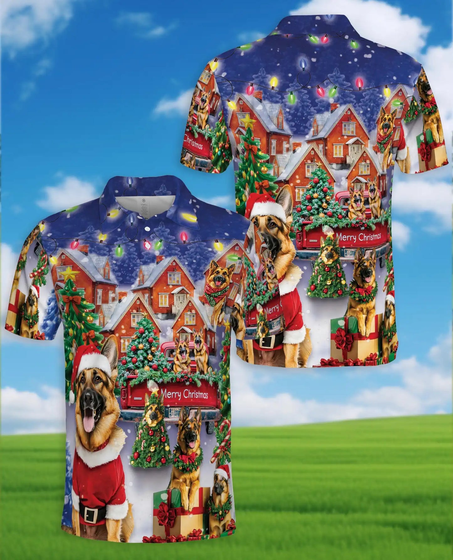 German Shepherd Christmas 3D Polo Shirt for Men, Festive Dog Lover Holiday Style | Azhawaiian