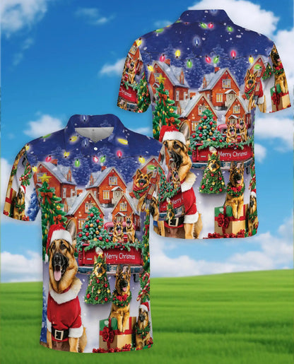 German Shepherd Christmas 3D Polo Shirt for Men, Festive Dog Lover Holiday Style | Azhawaiian