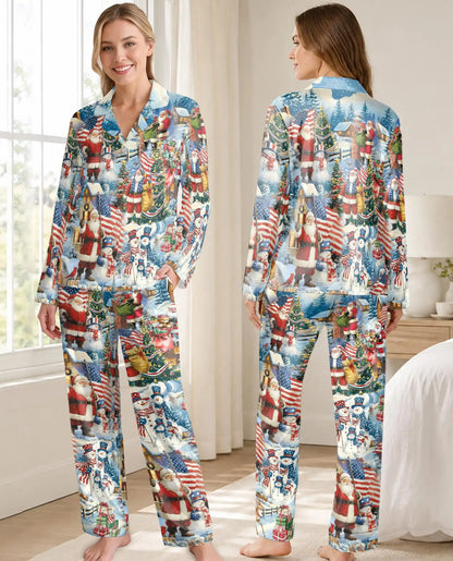 Patriotic Santa Snowman Pajama Set for Women – American Flag Christmas Print