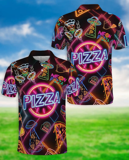 Neon Pizza Party 3D Polo Shirt for Men, Funny Retro Food Lover Style | Azhawaiian