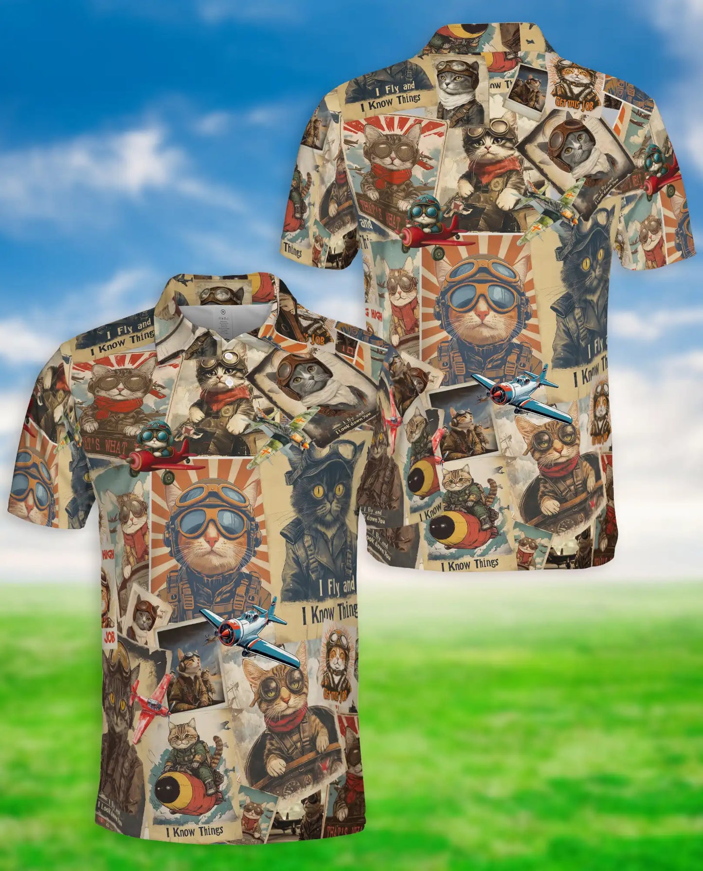 Pilot Cat 3D Polo Shirt for Men, Vintage Aviator Cat Style | Azhawaiian