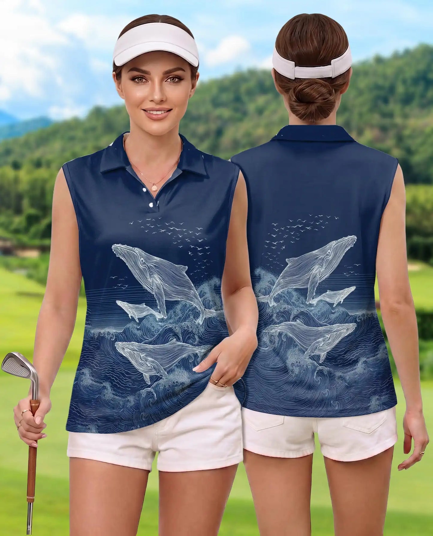 Humpback Whale Ocean Sleeveless Polo Shirt for Women