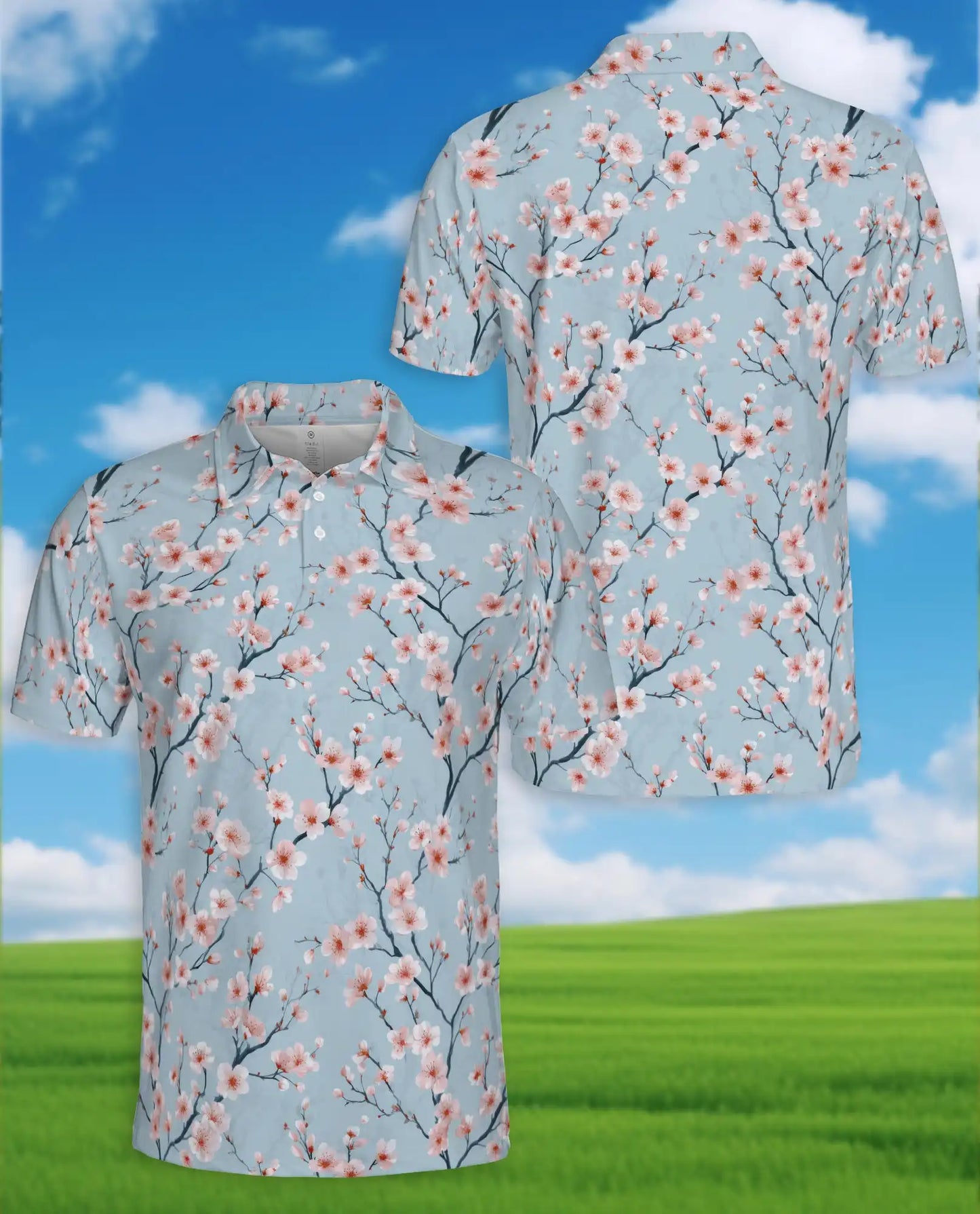 Blue Cherry Blossom Polo Shirt for Men, Spring Floral Style | Azhawaiian