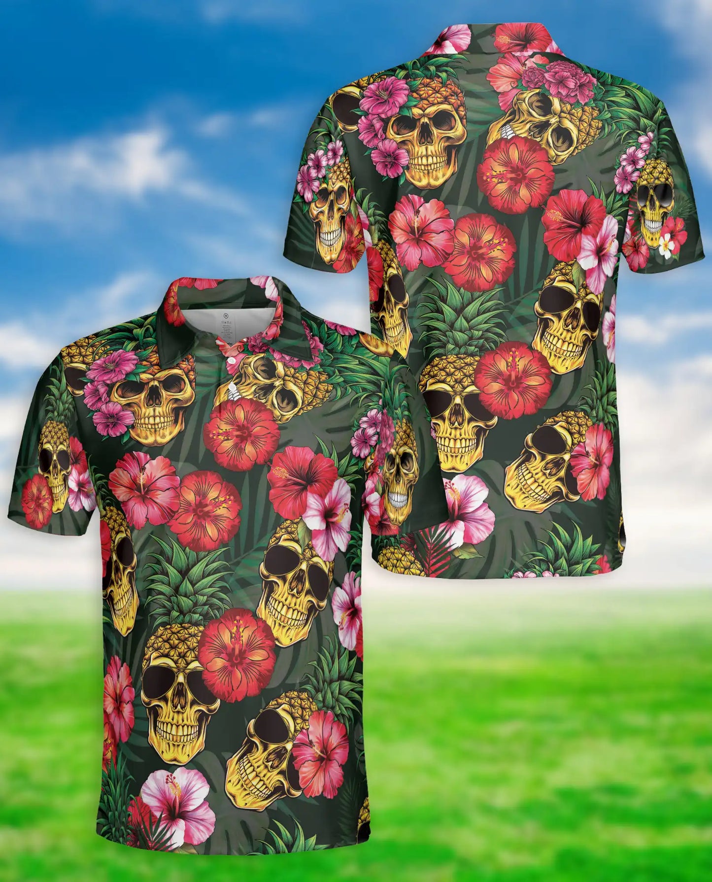 Skull Pineapple Polo Shirt, Tropical Gothic Style | Azhawaiian