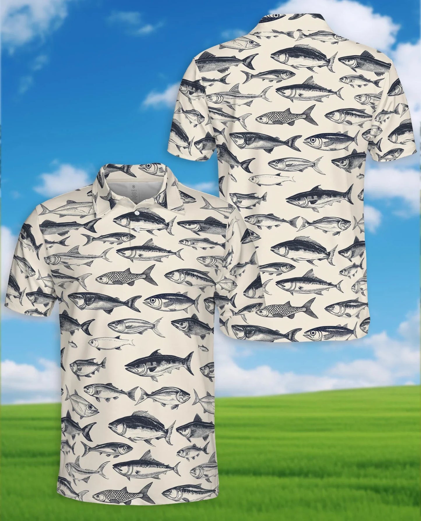 Vintage Fish Pattern Polo Shirt for Men, Coastal Fishing Style | Azhawaiian
