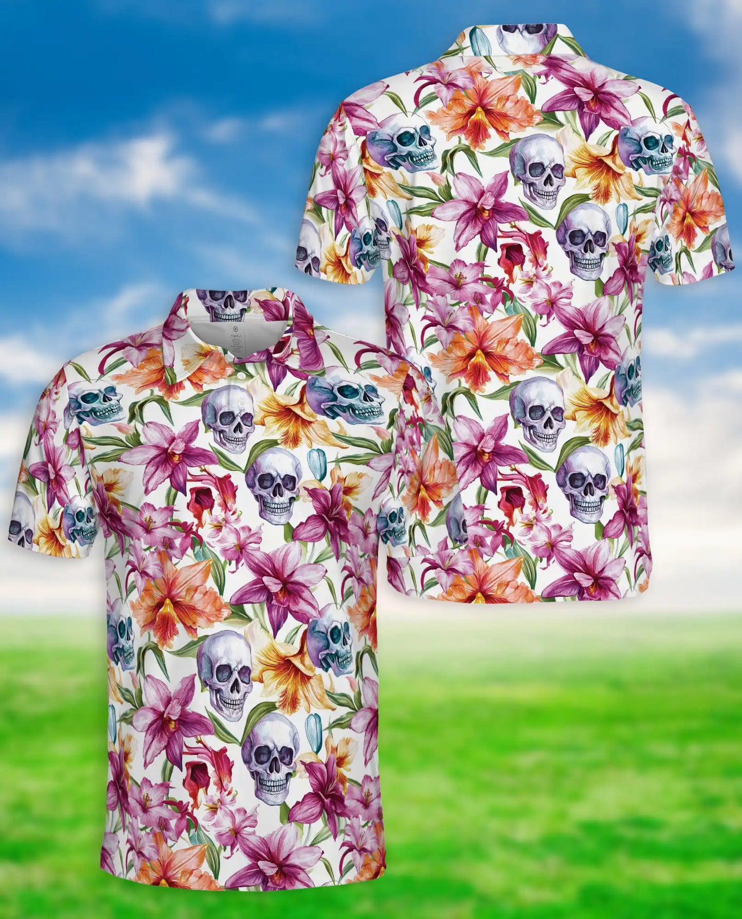 Skull Orchid Floral Polo Shirt-Gothic Botanical Flower Pattern Design | Azhawaiian