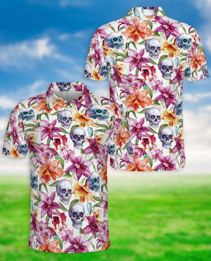 Skull Orchid Floral Polo Shirt-Gothic Botanical Flower Pattern Design | Azhawaiian
