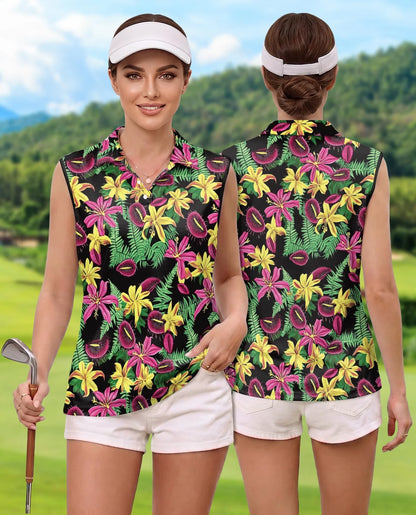 Venus Flytrap Pattern Sleeveless Polo Shirt for Women | Azhawaiian