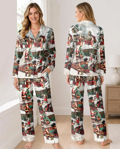 Vintage Christmas Railway Pajama Set for Women – Santa Train Print