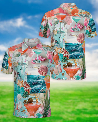 Tropical Beach Cocktail 3D Polo Shirt for Men, Coastal Summer Vacation Style | Azhawaiian