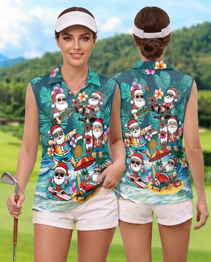 Surf's Up Santa Sleeveless Polo Shirt for Women, Christmas Beach Style | Azhawaiian