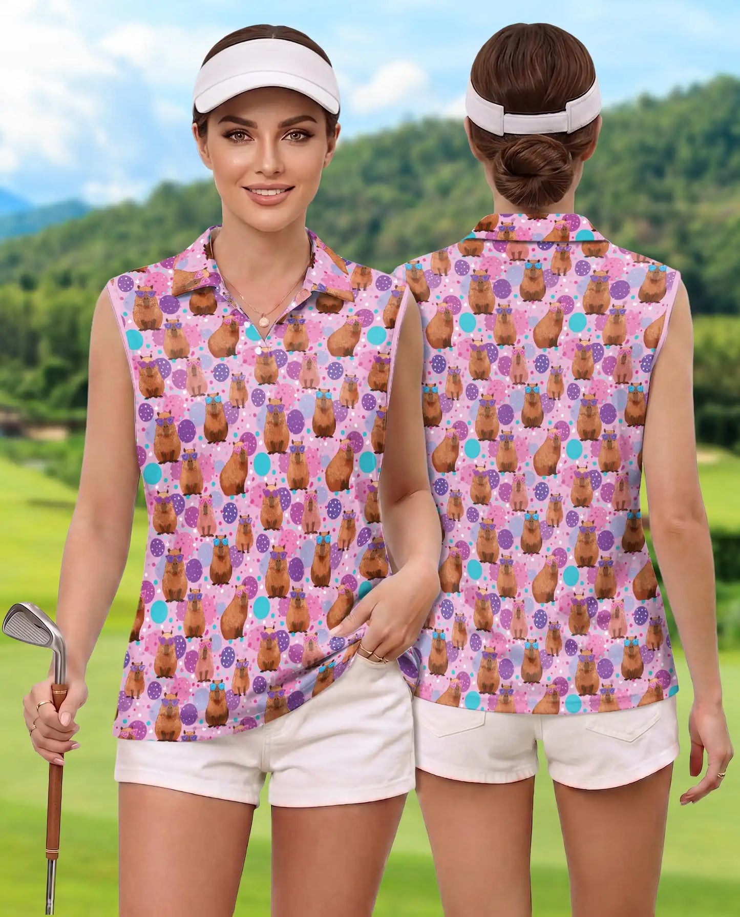 Cute Cartoon Capybara Seamless Pattern Polo Shirt for Women