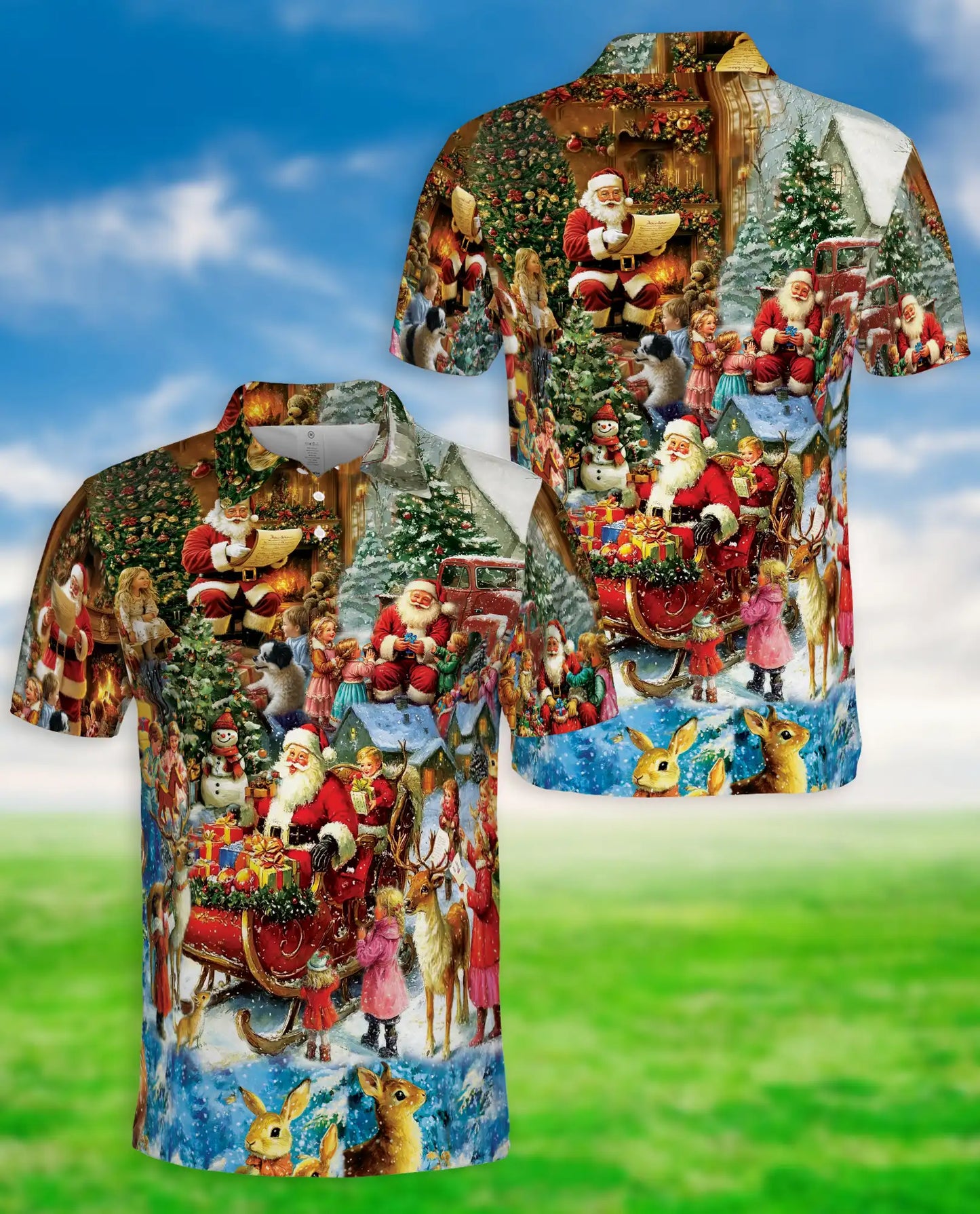 Vintage Christmas Santa Scene Polo Shirt | Azhawaiian