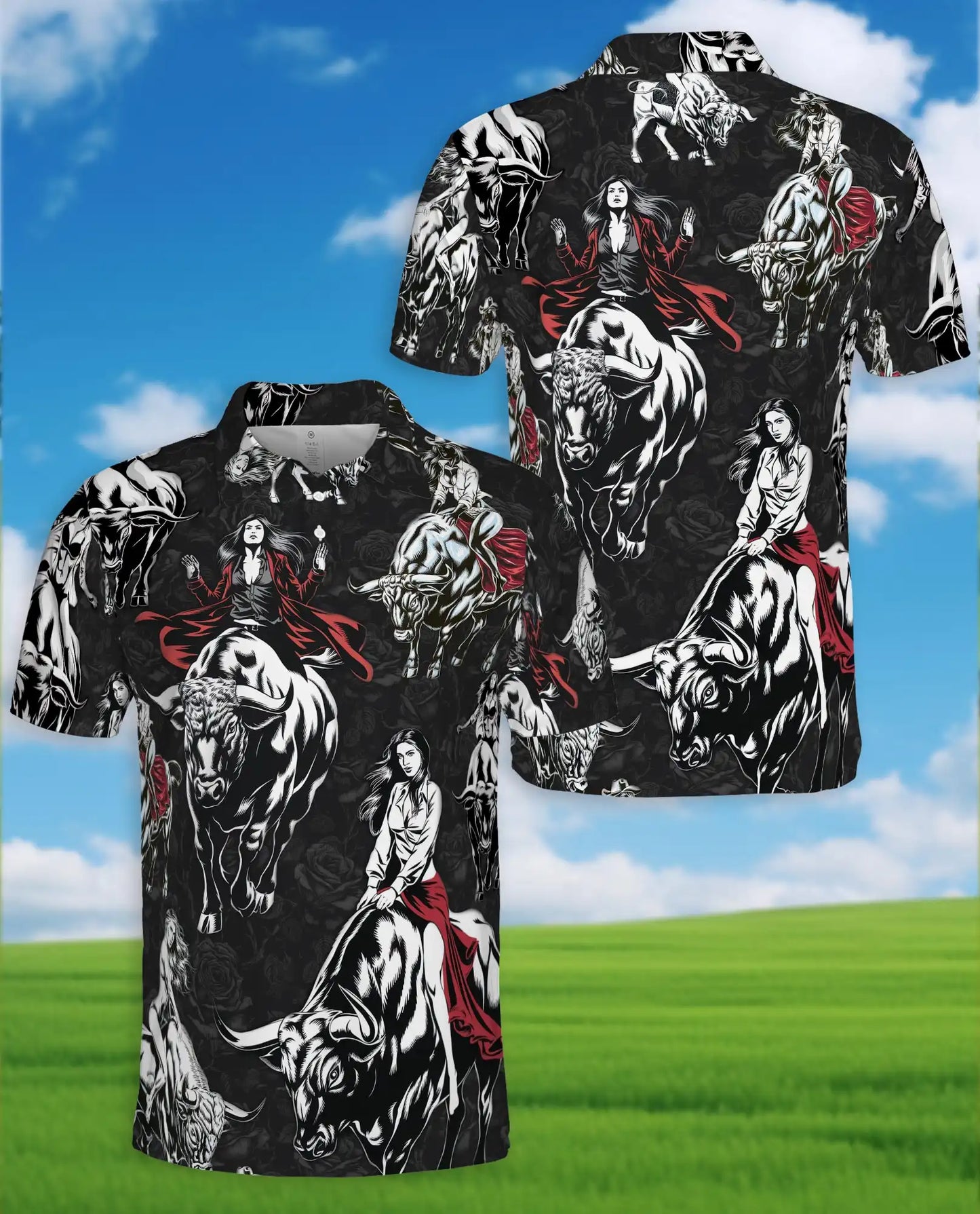 Western Bull Rider 3D Polo Shirt for Men, Dark Rodeo Cowgirl Style | Azhawaiian
