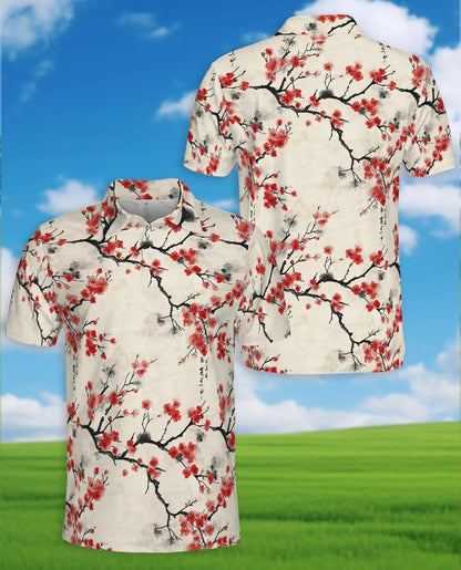 Red Cherry Blossom Branches Polo Shirt for Men, Japanese Sakura Style | Azhawaiian