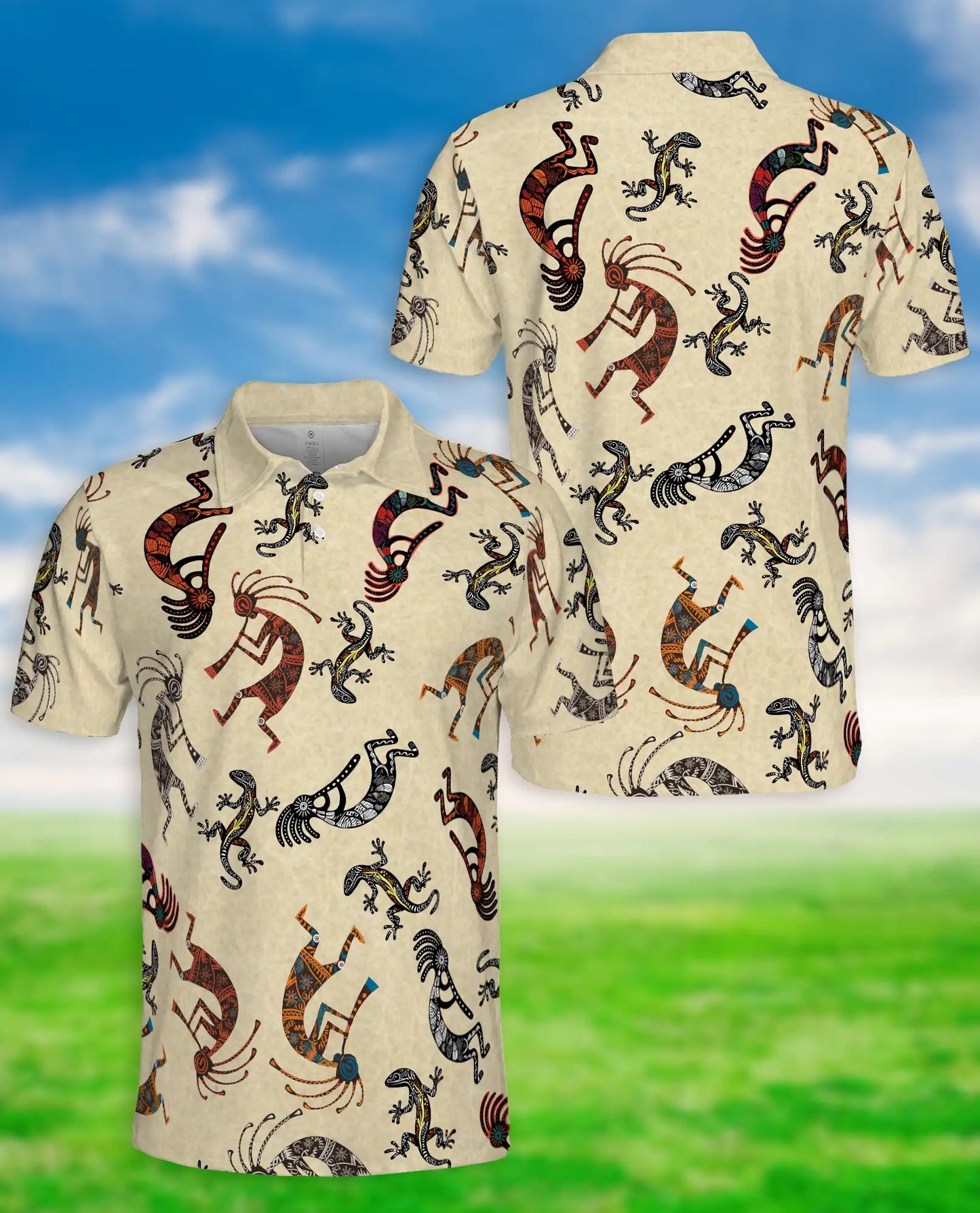 Kokopelli Polo Shirt, Tribal Lizard Pattern Print | Azhawaiian