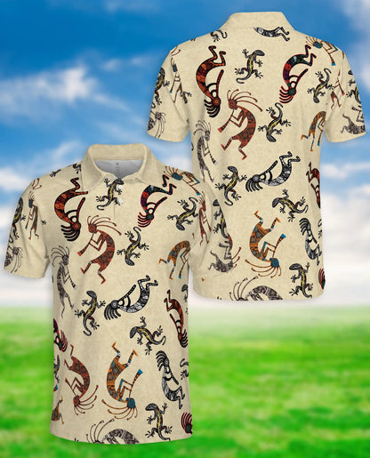 Kokopelli Polo Shirt, Tribal Lizard Pattern Print | Azhawaiian