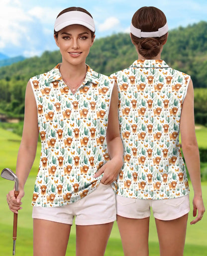 Highland Cow Cactus Sleeveless Polo Shirt for Women, Cute Western Farm Style | Azhawaiian