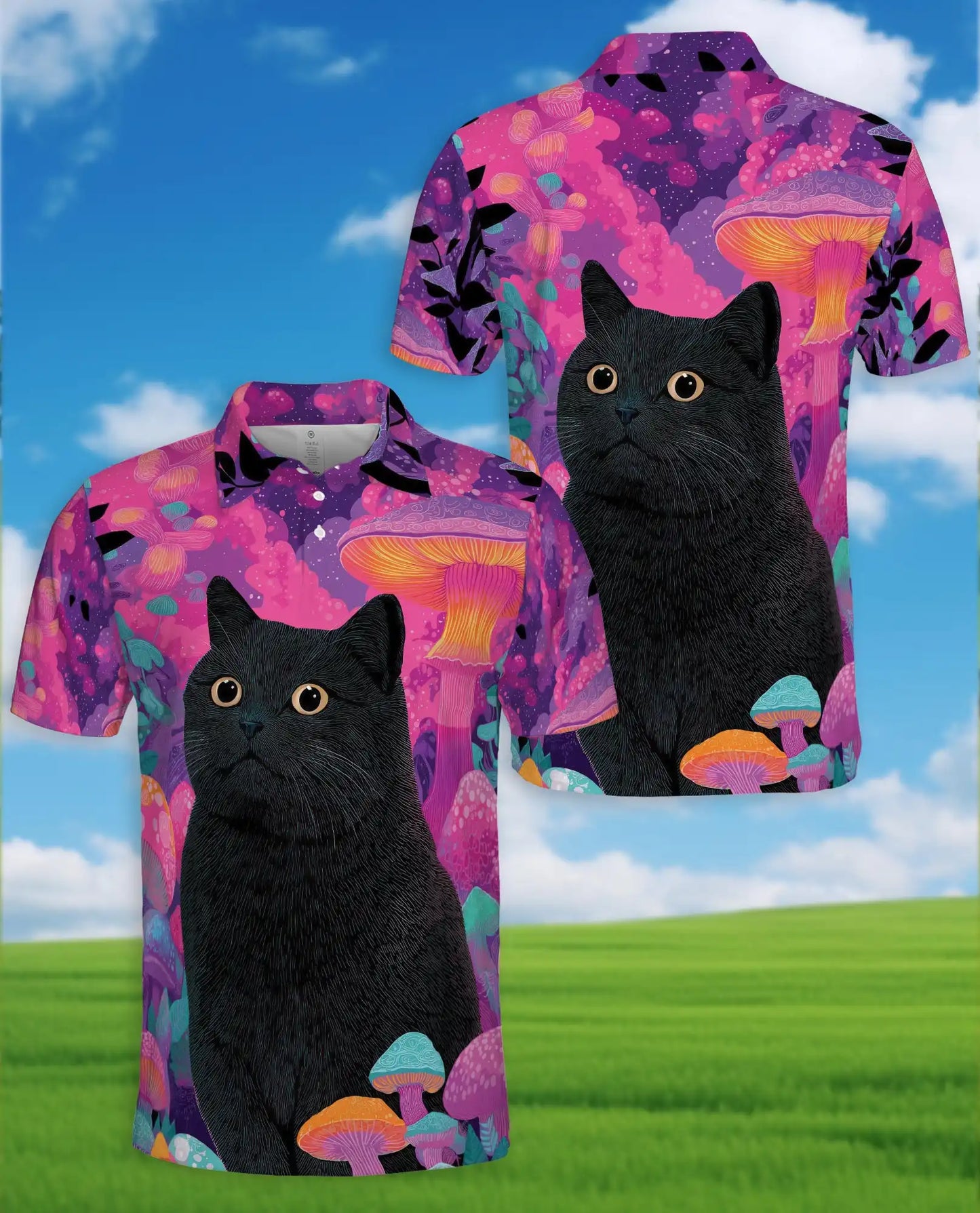 Black Cat Fantasy Mushroom Polo Shirt for Men- Print Magical Forest | Azhawaiian