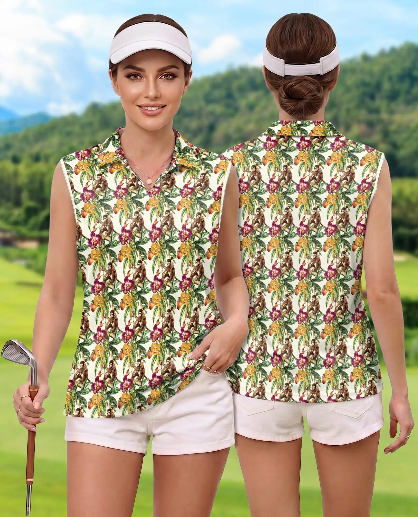 Tropical Monkey Sleeveless Polo Shirt for Women, Cute Jungle Animal Style | Azhawaiian