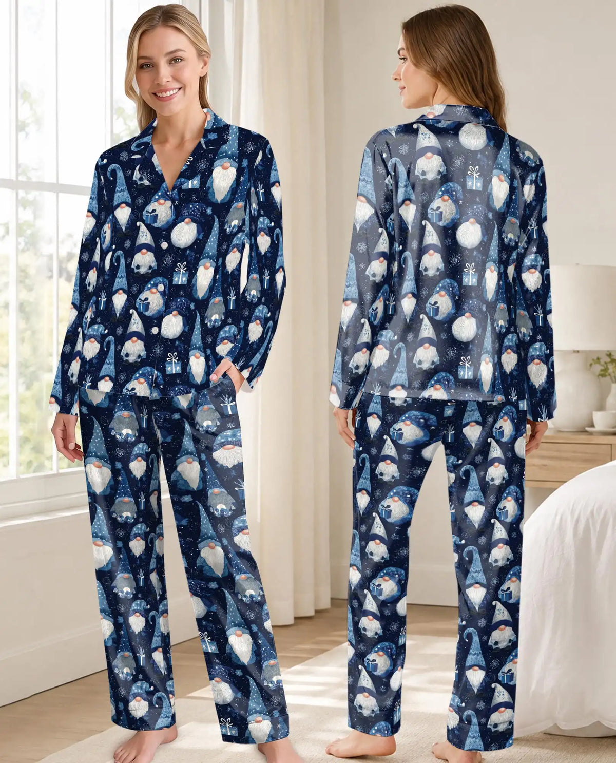 Blue Winter Gnome Pajama Set for Women – Snowflakes & Gift Boxes Print