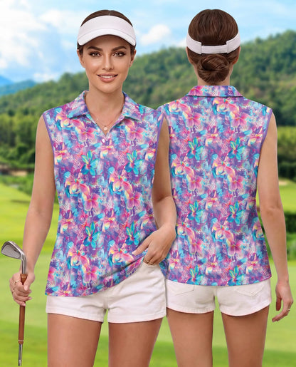 Neon Flower Sleeveless Polo Shirt for Women | Azhawaiian