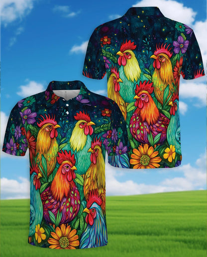 Vibrant Neon Rooster Polo Shirt for Men, Fantasy Art Style | Azhawaiian