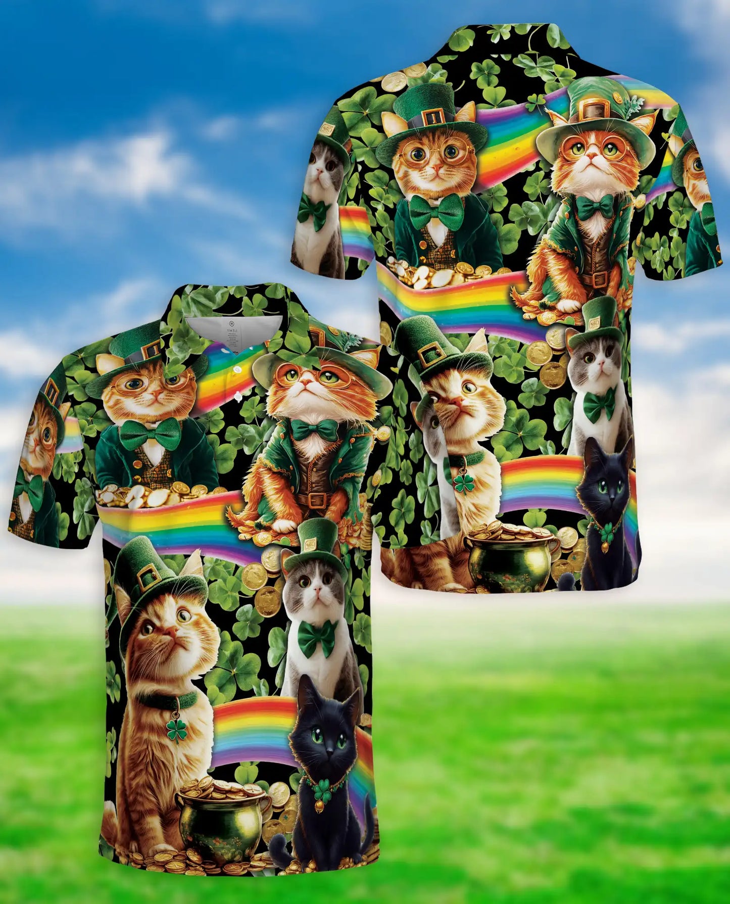 Lucky Cat St Patrick’s Day 3D Polo Shirt for Men, Irish Rainbow Style | Azhawaiian