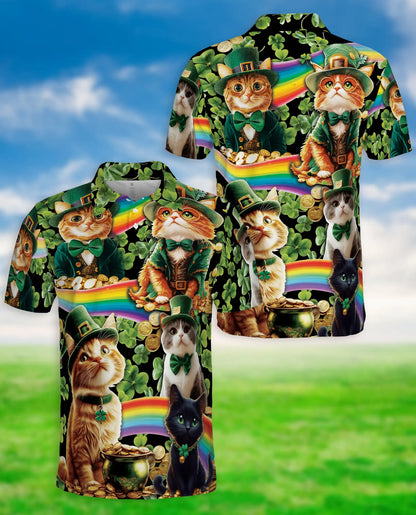Lucky Cat St Patrick’s Day 3D Polo Shirt for Men, Irish Rainbow Style | Azhawaiian