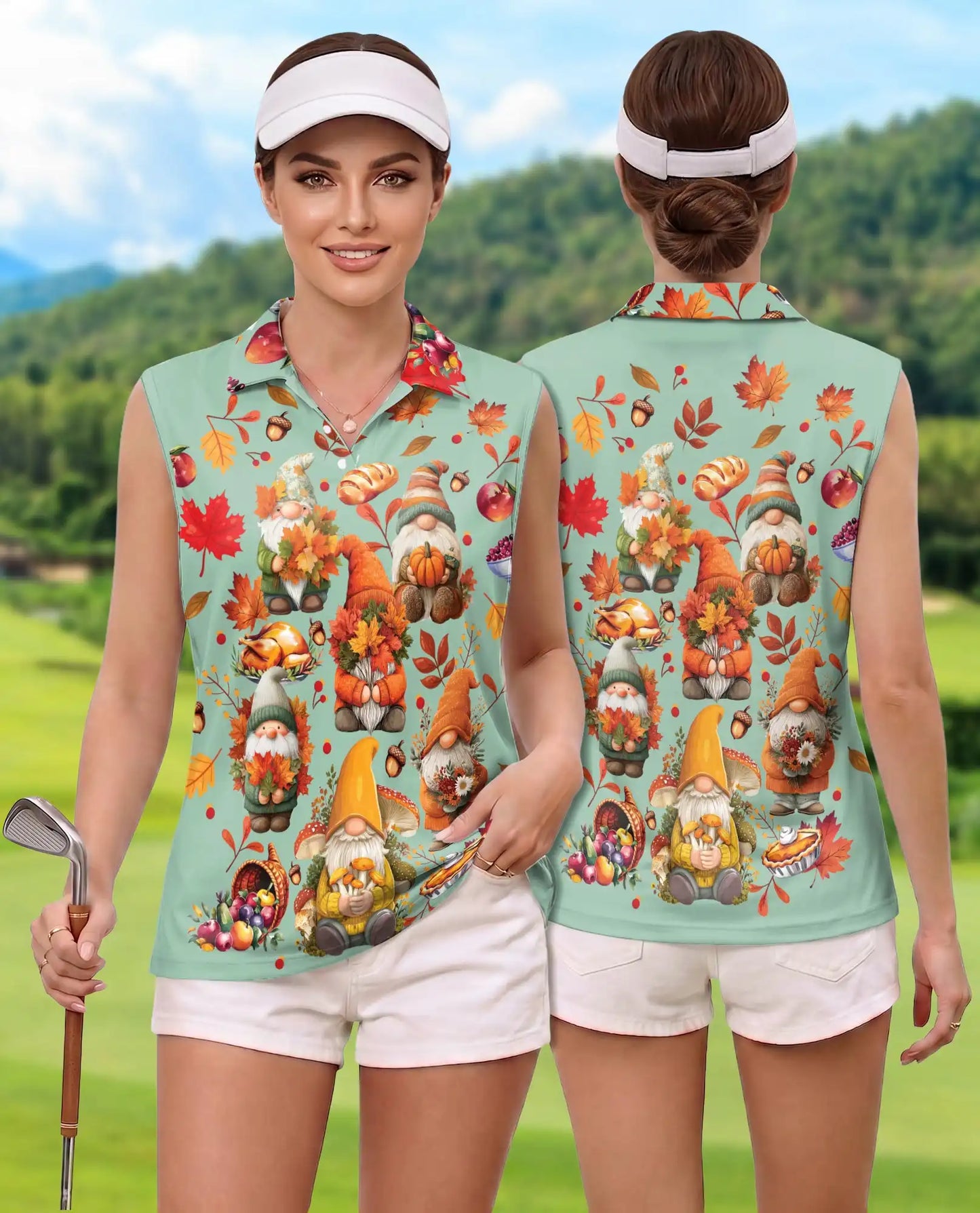 Autumn Harvest Gnomes Sleeveless Polo Shirt for Women | Azhawaiian