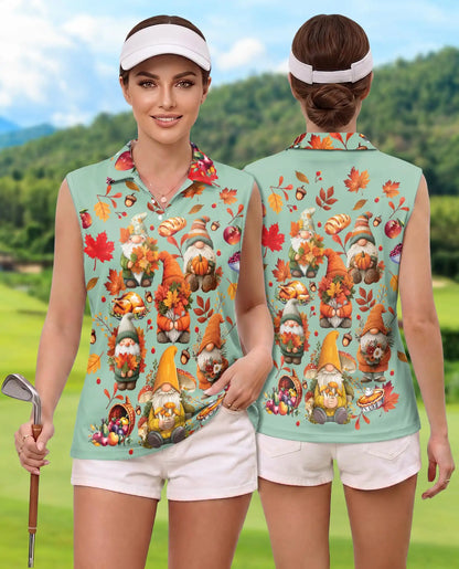 Autumn Harvest Gnomes Sleeveless Polo Shirt for Women | Azhawaiian