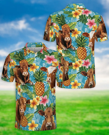 Tropical Cow 3D Polo Shirt for Men, Pineapple Floral Farm Style | Azhawaiian