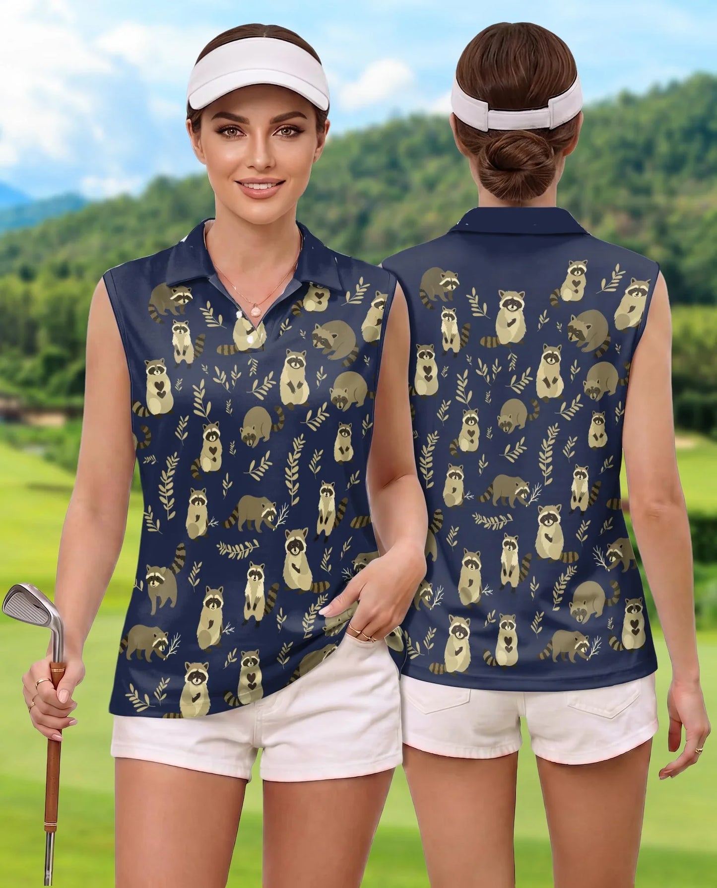 Raccoon Pattern Sleeveless Polo Shirt for Women, Cute Wildlife Style | Azhawaiian