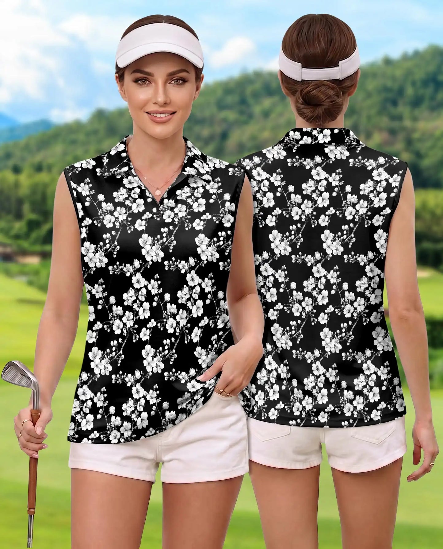 Monochrome Floral Sleeveless Polo Shirt for Women | Azhawaiian