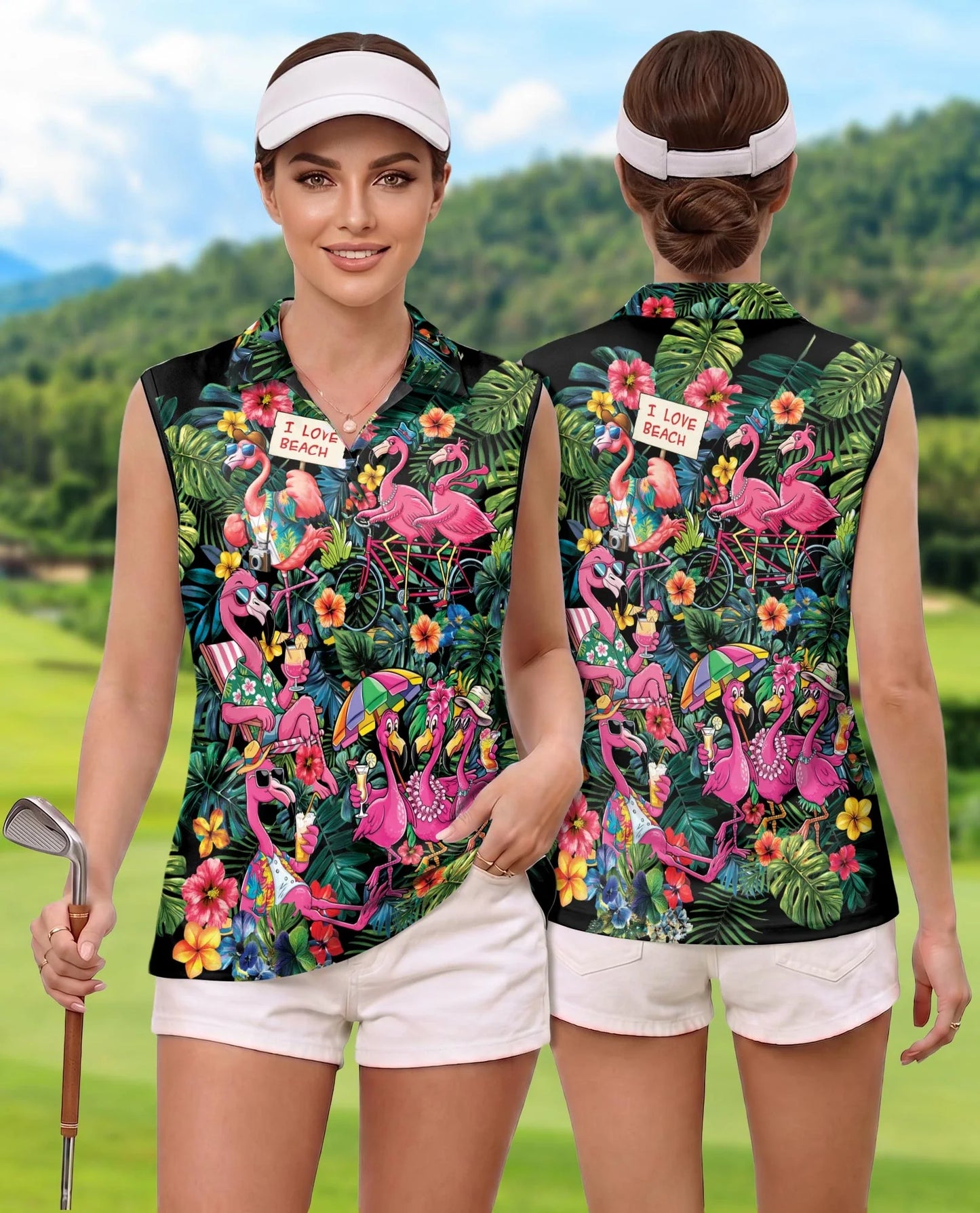 Aloha Flamingo 3D Tropical Sleeveless Polo Shirt for Women | Azhawaiian