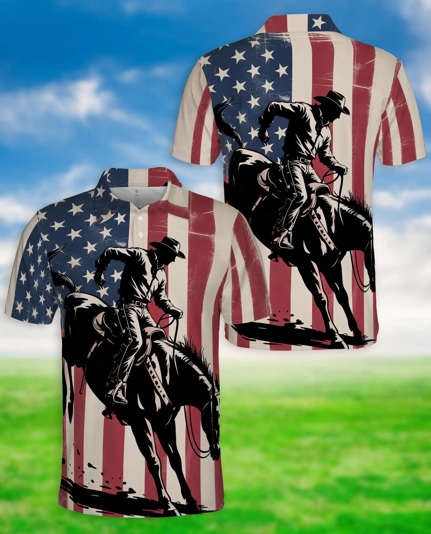 American Rodeo Polo Shirt for Men, USA Flag Western Style | Azhawaiian