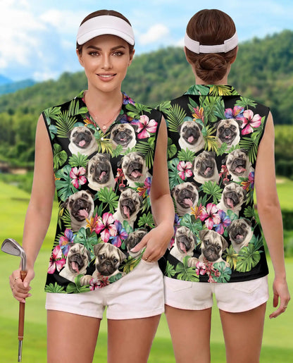 Tropical Pug Sleeveless Polo Shirt for Women, Cute Dog Summer Style