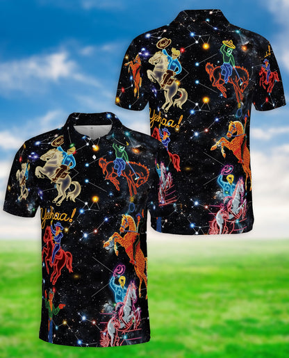 Cosmic Cowboy Polo Shirt, Neon Rodeo Galaxy Print | Azhawaiian