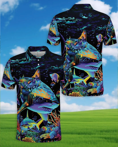 Tropical Sharks Polo Shirt for Men, Colorful Ocean Fish Design | Azhawaiian