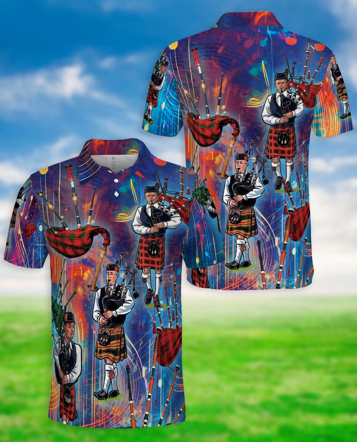 Scottish Bagpipe Musician 3D Polo Shirt for Men, Celtic Highland Style | Azhawaiian