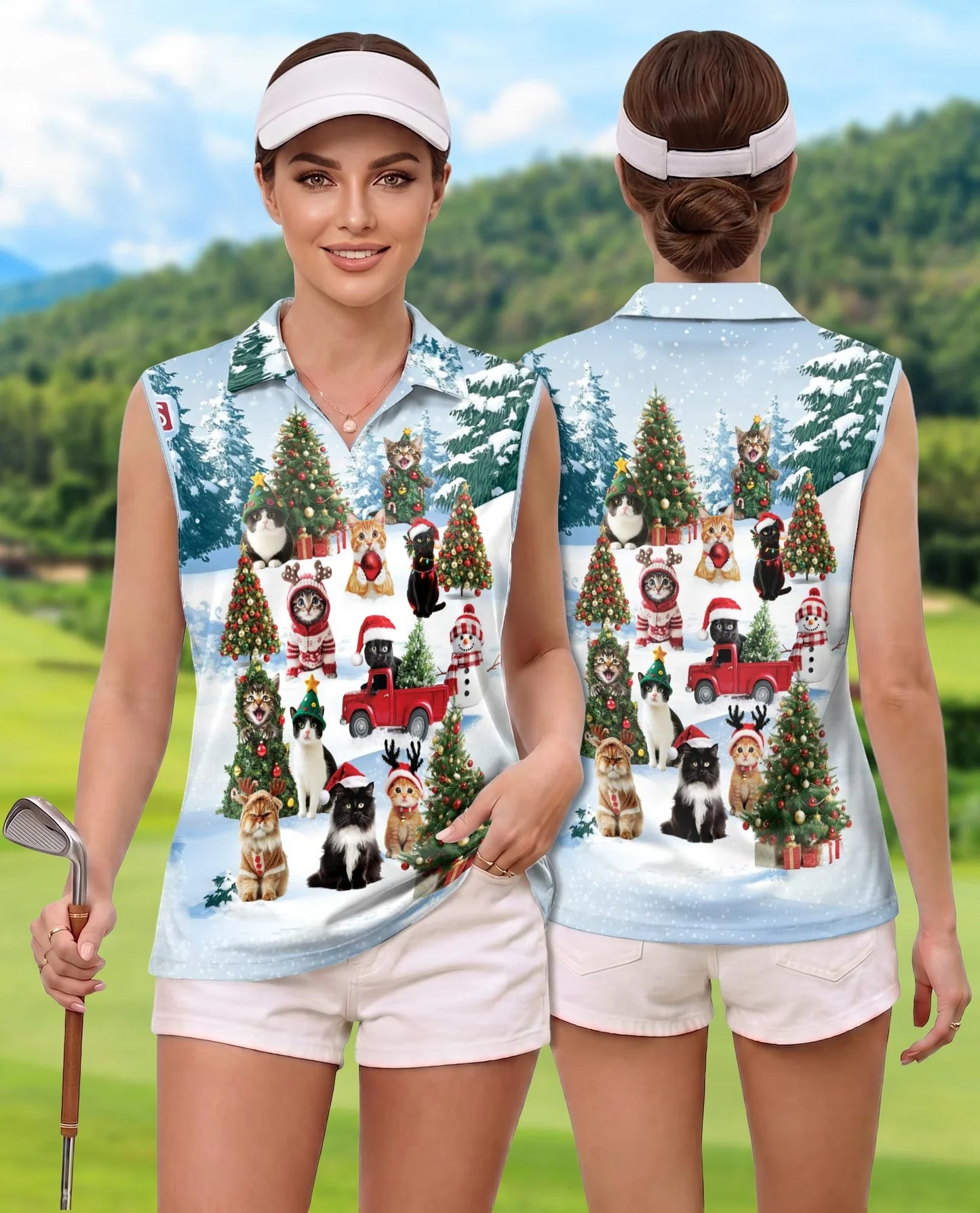 Cat Christmas Santa Sleeveless Polo Shirt for Women | Azhawaiian