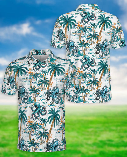 Tropical Octopus 3D Polo Shirt for Men, Ocean Palm Tree Beach Style | Azhawaiian