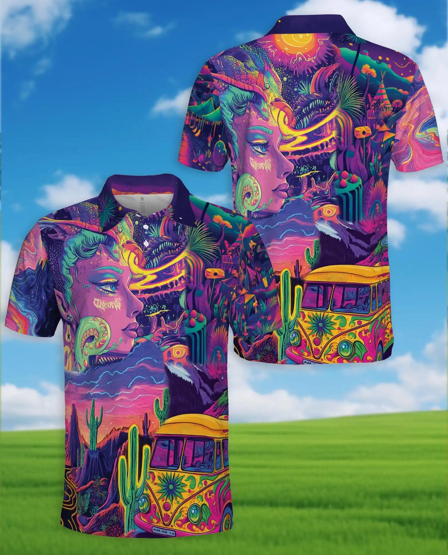 Psychedelic Desert Polo Shirt - Retro Festival Art Style | Azhawaiian