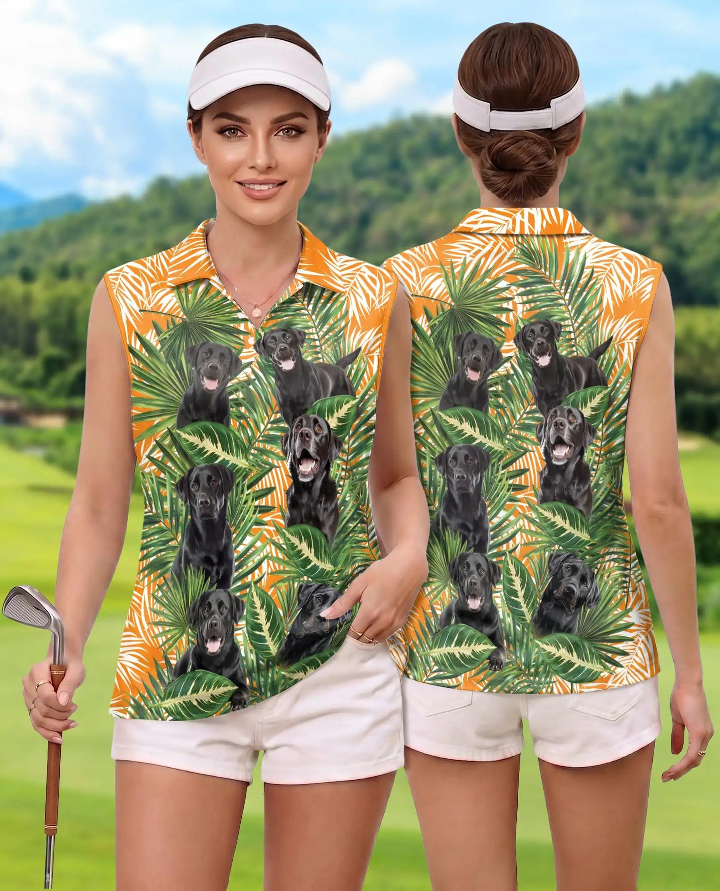 Black Labrador Tropical Sleeveless Polo Shirt for Women, Cute Dog Summer Style | Azhawaiian